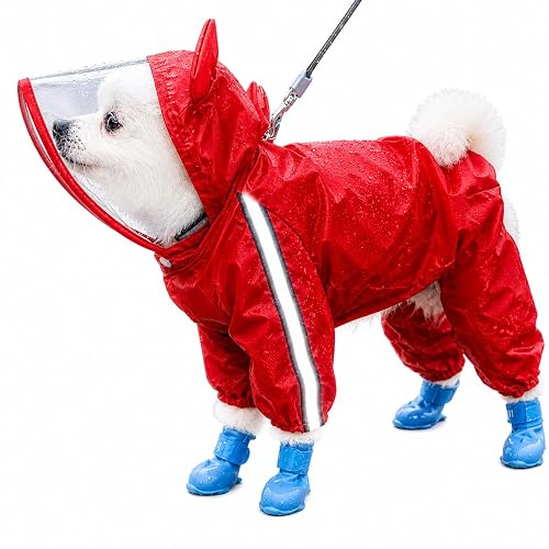 Dog Raincoats Rain Snow Coats Waterproof Clothing (4 Four Legs) Raincoat Full Cover Dogs Hooded Transparent (with Decorative Hooded Ears) (Red, 12)
