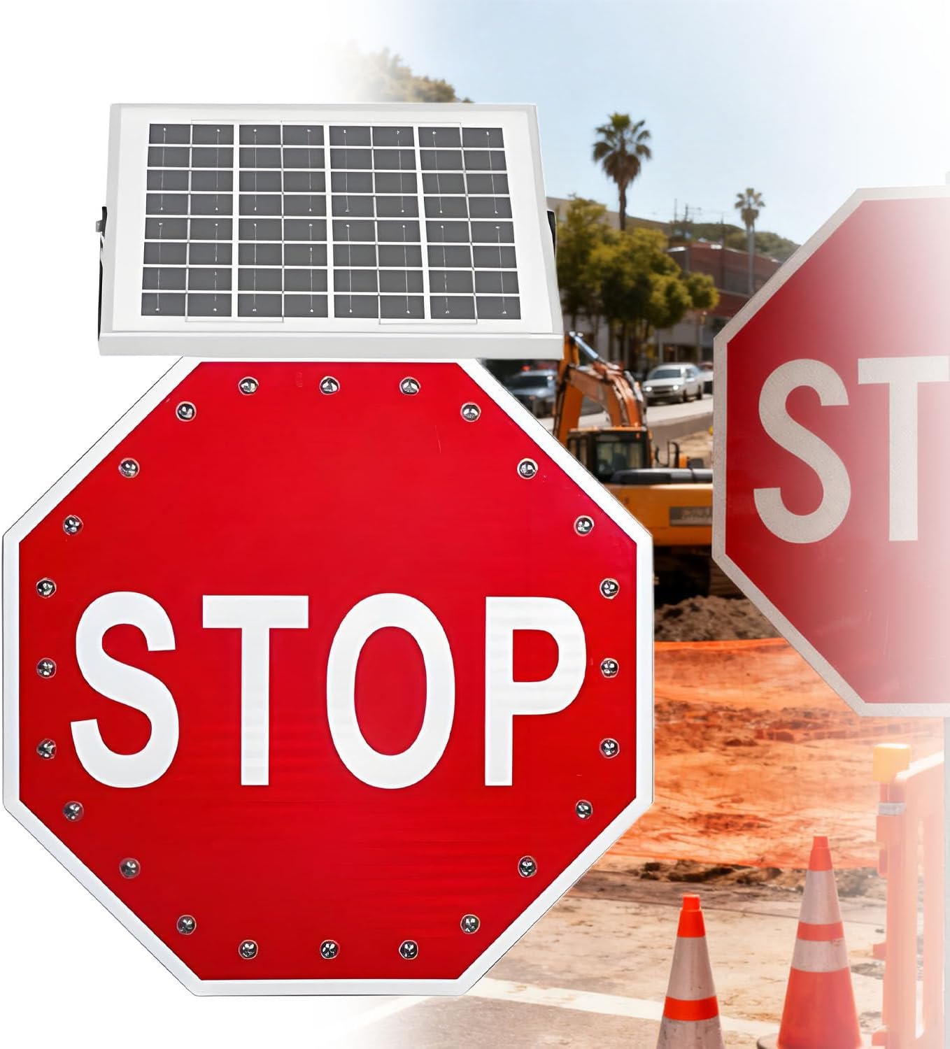 24in Solar Powered LED Flashing Stop Sign for Crossroads, Construction, Mountain & Main Roads - Safety Traffic Sign, 1 Piece