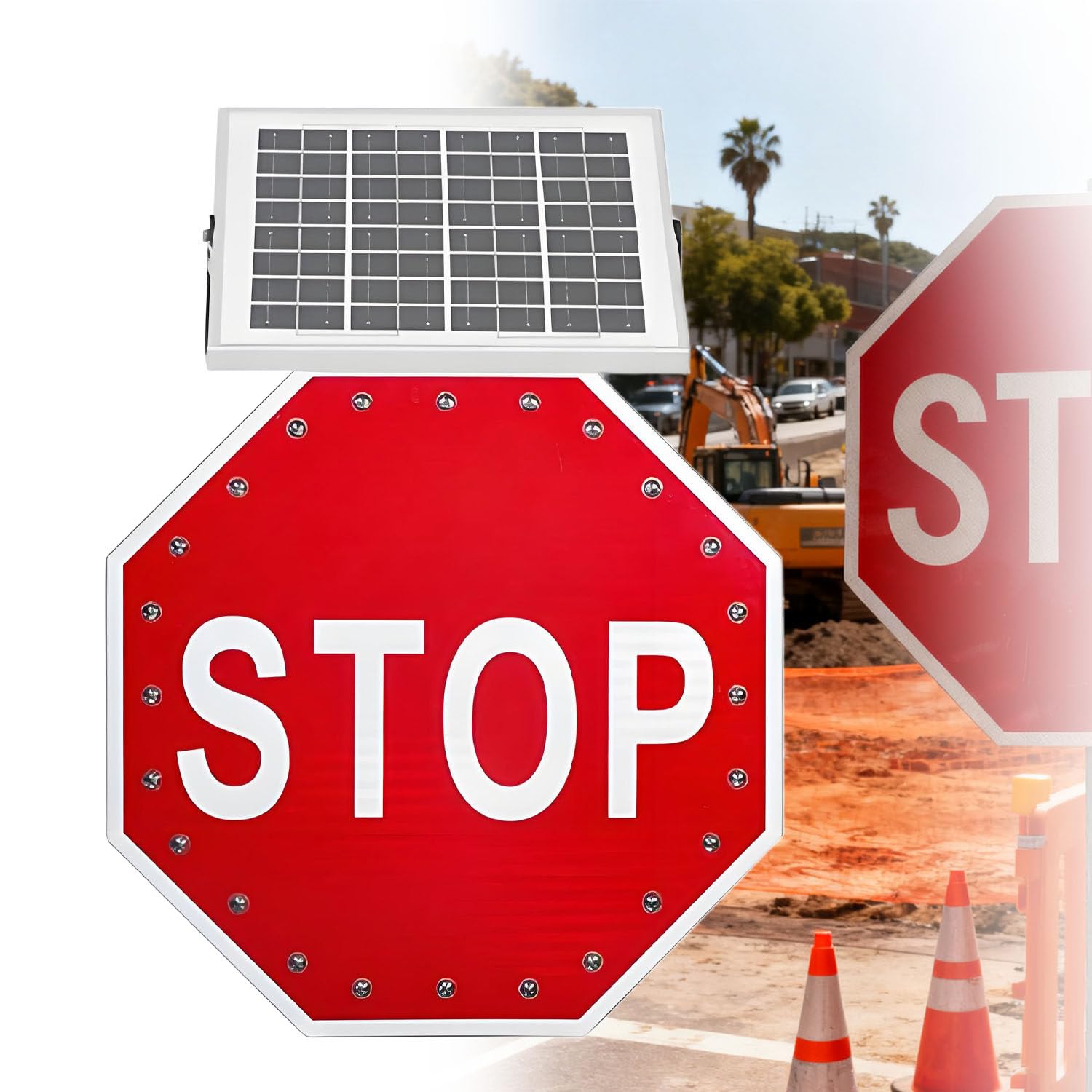 Semáforo LED, señal de Stop LED con energía Solar - Señal de Seguridad de Alta Visibilidad de 81 cm para Cruces y Zonas de construcción - Dispositivo de Control de tráfico Duradero para Carr