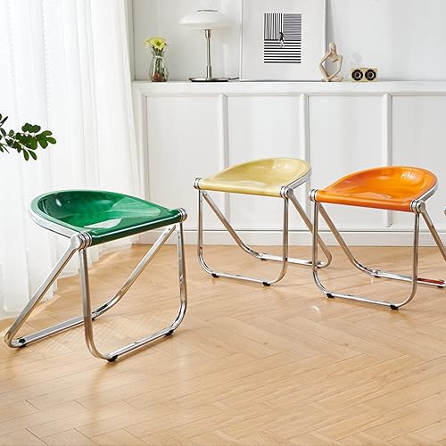 Miniatura 4 de PEAKPT Silla plegable de acrílico moderna asiento de sala de estar taburete de comedor de terraza silla plegable con marco cromado para exterior