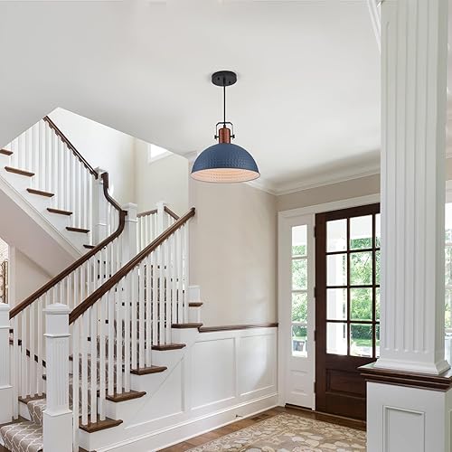 Miniatura 7 de Luces colgantes azules de 12 pulgadas, luces colgantes mate martilladas para isla de cocina, granja industrial, granja, altura ajustable, lámparas