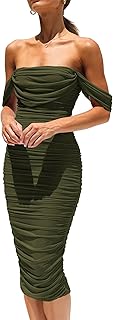 Women's Summer Off The Shoulder Dresses Sleeveless Ruched Fitted Cocktail Party Club Midi Bodycon Dress - Buy now