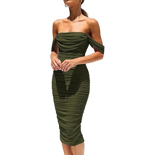 PRETTYGARDEN Women's Summer Off The Shoulder Ruched Bodycon Dresses Sleeveless Fitted Party Club Midi Dress