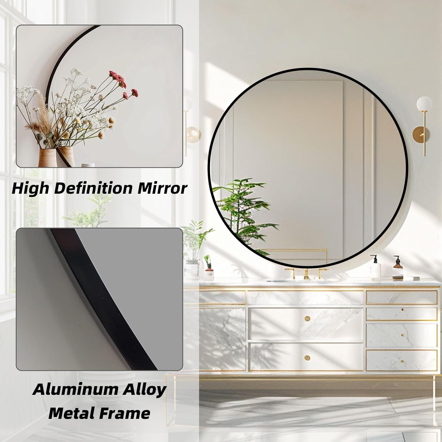 Round Black Mirror, 30 Inch Circle Black Mirror, Metal Frame Round Wall Mounted Mirrors for Bathroom, Living Room, Bedroom, Entryway, Vanity