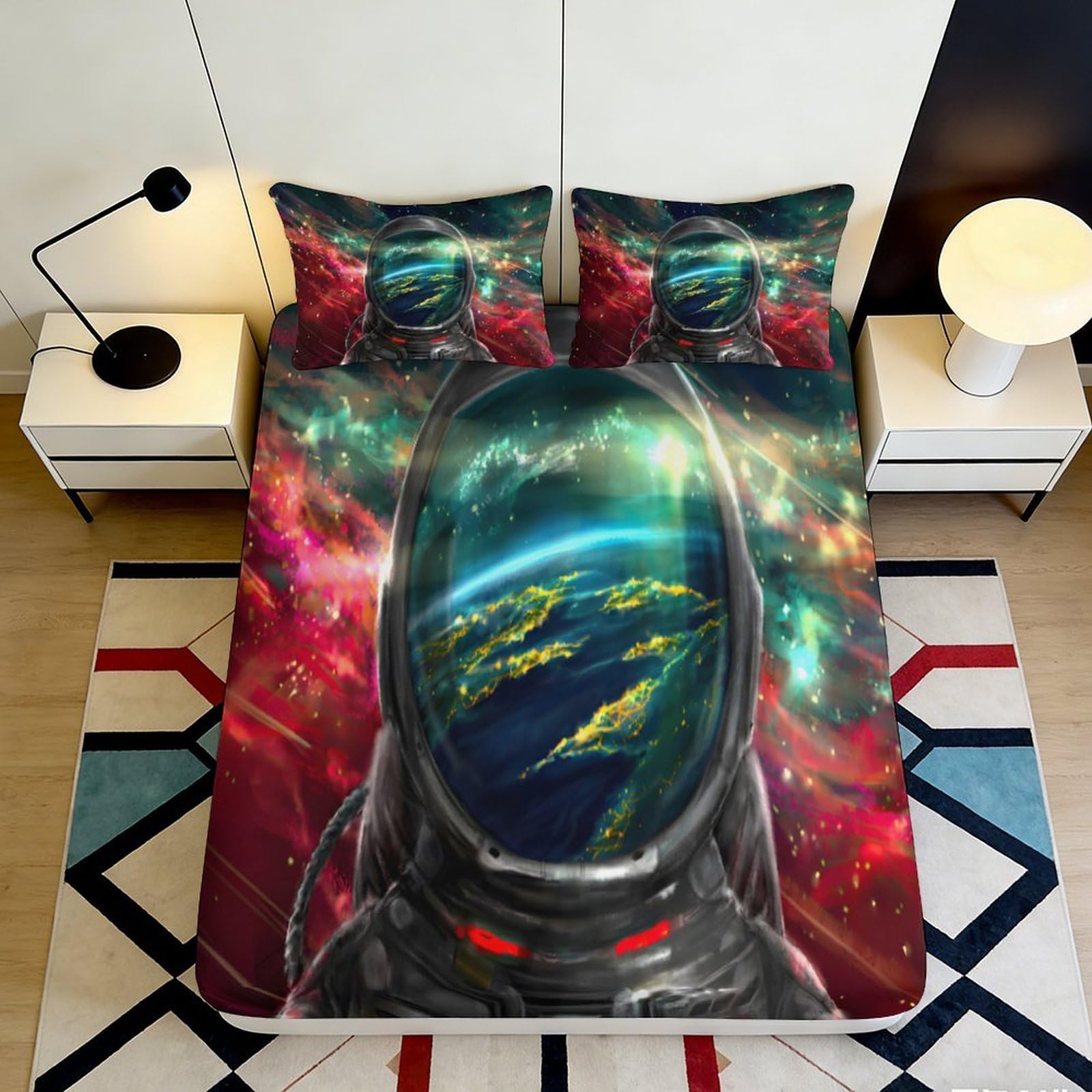 3D Printed Galaxy Astronaut Fitted Sheet Microfiber Soft Breathable Cosmic Nebula Bed Cover for Bedroom Dorm Dormitory Guest Room Mattress Protection 180x200x25cm