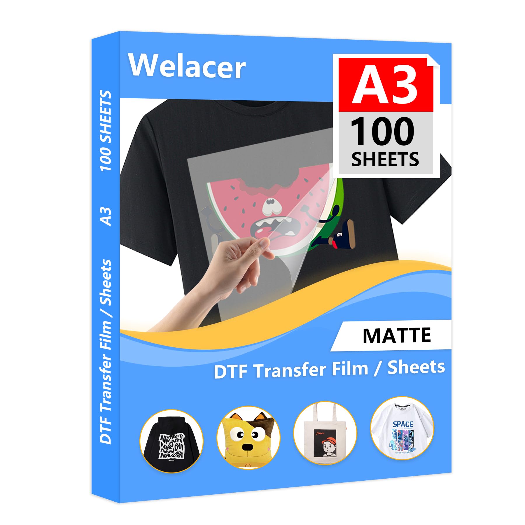 Welacer A3(29.7cm x 42cm) 100 Sheets DTF Transfer Film Direct Print for Sublimation Matt Double Side, Clear DTF PET Transfer Film Paper Sheets for Inkjet Printer