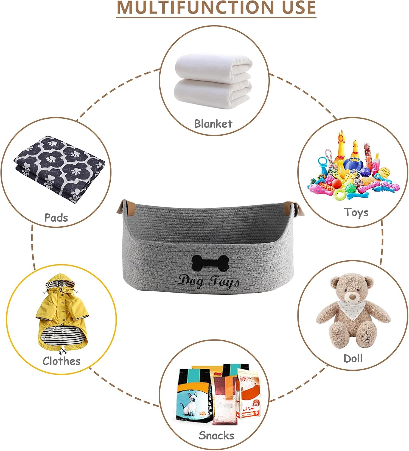 Woven Dog Toy Baskets ,Rope Basket for Dog Toys,Collapsible Dog Toy Bin with Leather Handles,Trapezoidal Puppy Toy Storage Basket,Chewproof Dog Organizer for Toys,Collar,Leash,blankets-Gray