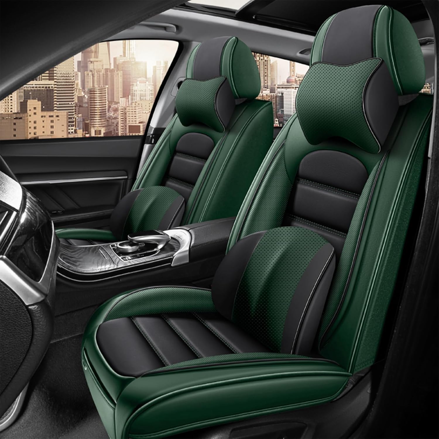 Leather Pick-up Truck Seat Covers for Chevy Silverado 2500 HD 2007-2025,Luxury Car Seat Covers Full Set,Waterproof Seat Protectors Auto Seat Covers,Soft Interior Cover Seats for Cars(Green & Black)