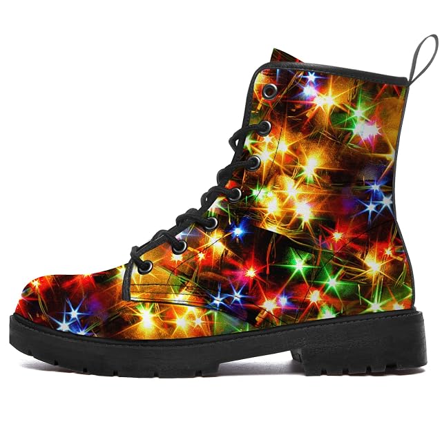 Christmas Boots for Women Men Combat Boots PU Leather Lace-up Ankle Booties Gifts for Her Him