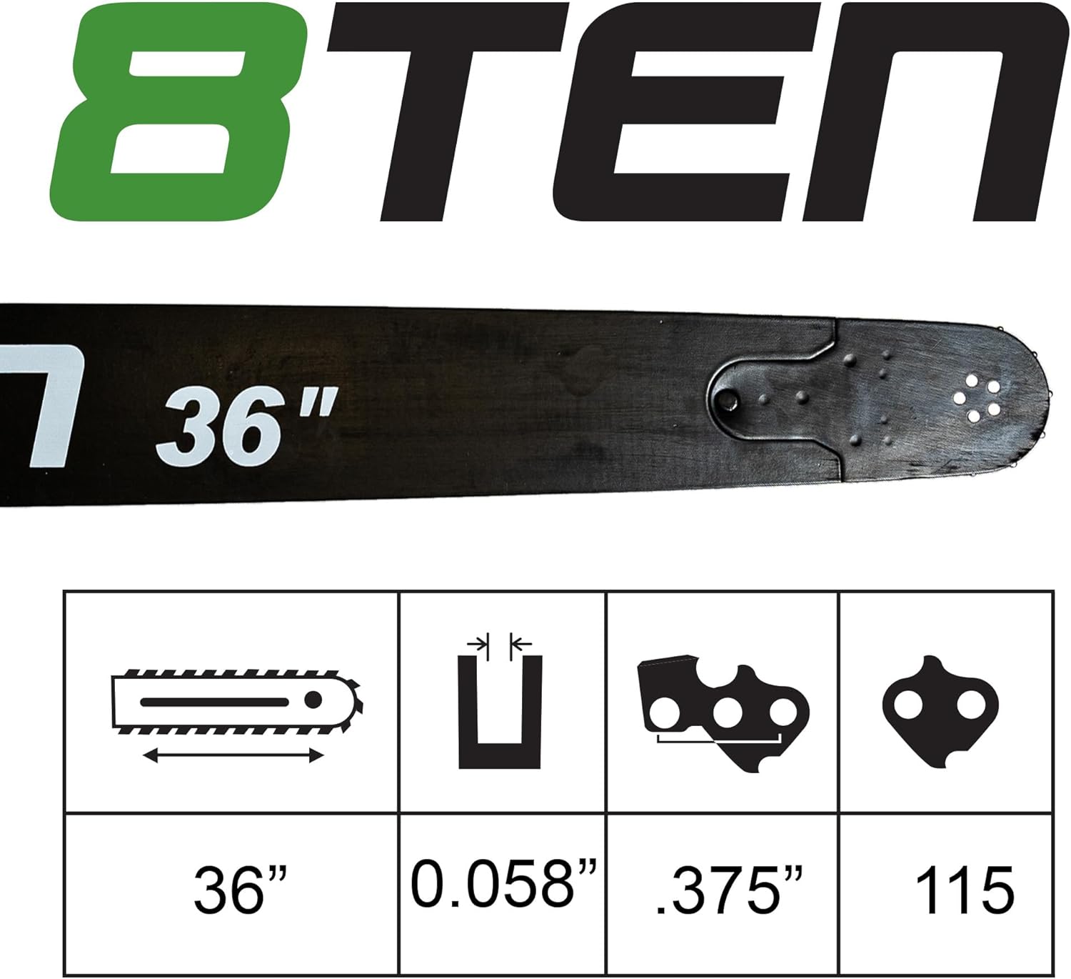 8TEN 36" Chainsaw Guide Bar & Chain .058 3/8 115DL for Jonsered 630 625 2171 CS 2165 GB Silver Streak