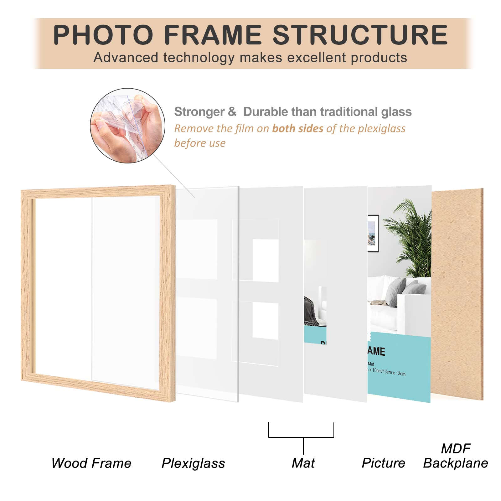 ATOBART 30x30cm Struttura immagine in legno solido,foto cornice parete anteriore Hanging Gallery per parete e tavolo display,12x12 inch,colore rovere set di 4
