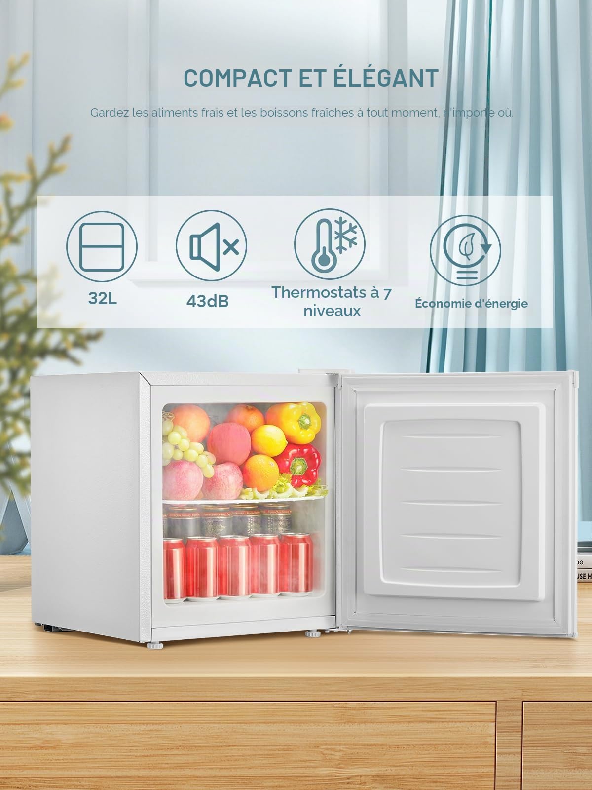 FOHERE 32L Mini Congélateur, Petit Congélateur Silencieux, 7 Thermostat Réglable, Porte Réversible, Blanc