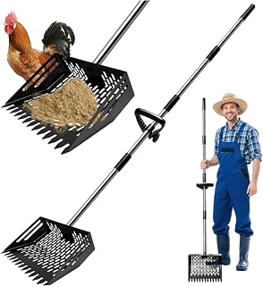 Chicken Poop Scooper & Rake 2-in-1 Stainless Steel Chicken Scooper for Poop with Long Removable Handle Pooper Scoopers for Animal Sheds.