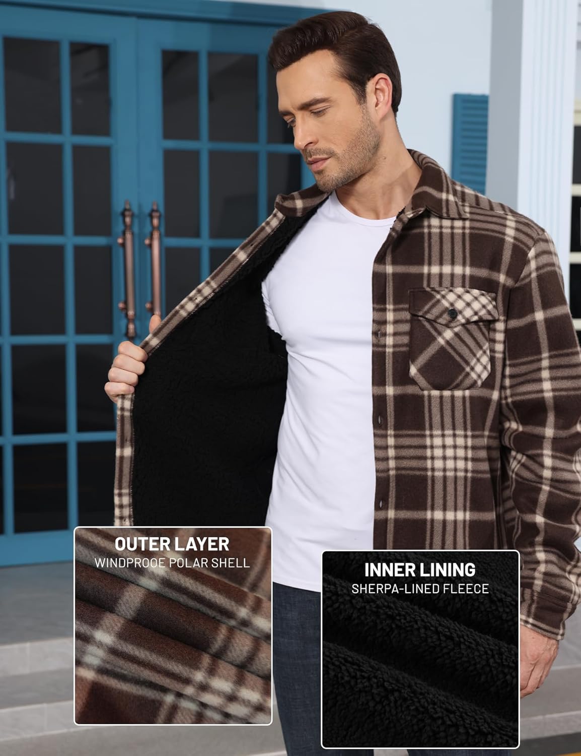 Men's Flannel Jacket Sherpa Lined Casual Button Up Plaid Jacket Long Sleeve Fleece Shacket with Pockets - Image 5