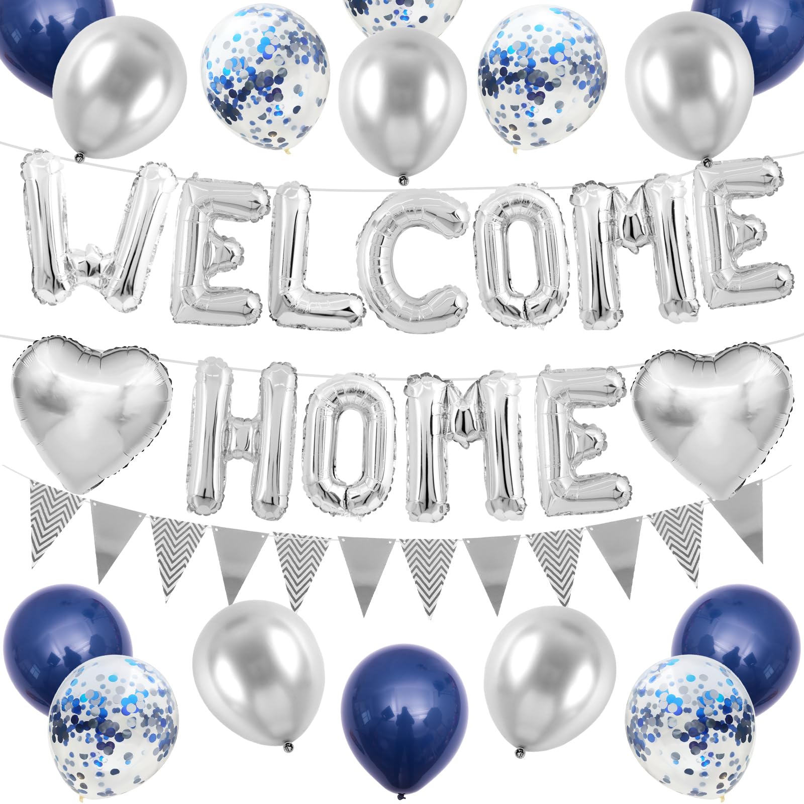 Welcome Home Decorations Navy Blue Silver,Welcome Home Foil Balloon Banner with Confetti Balloons,Silver Heart Balloons Pennant Flag Bunting for