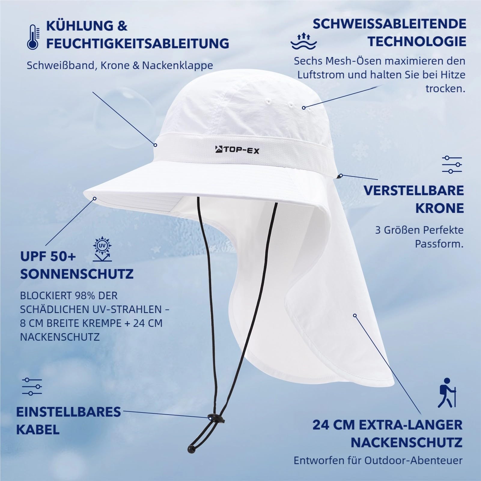 TOP-EX Chapeau de soleil pour homme, avec protection de la nuque, protection UV 50+, avec technologie rafraîchissante, large bord et pliable, chapeau de safari pour l'extérieur, la pêche et le jardin