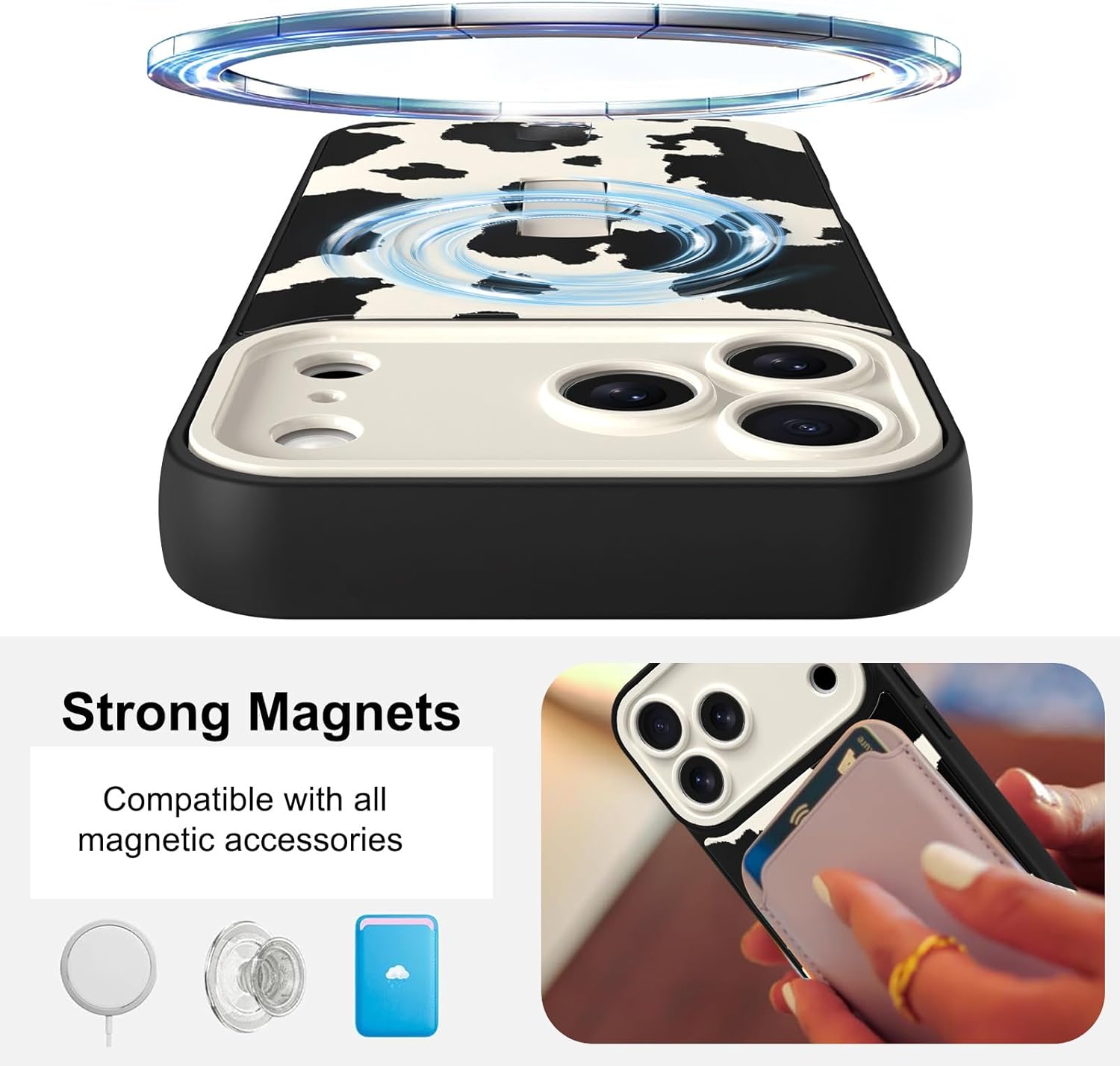 Magnetic for iPhone 17 Pro Max Case with Finger Strap Stand, Compatible with Magsafe, Trendy Funny Milk Cow Phone Case for Women Men Slim Shockproof Cover for 17 Pro Max, Milk Cow