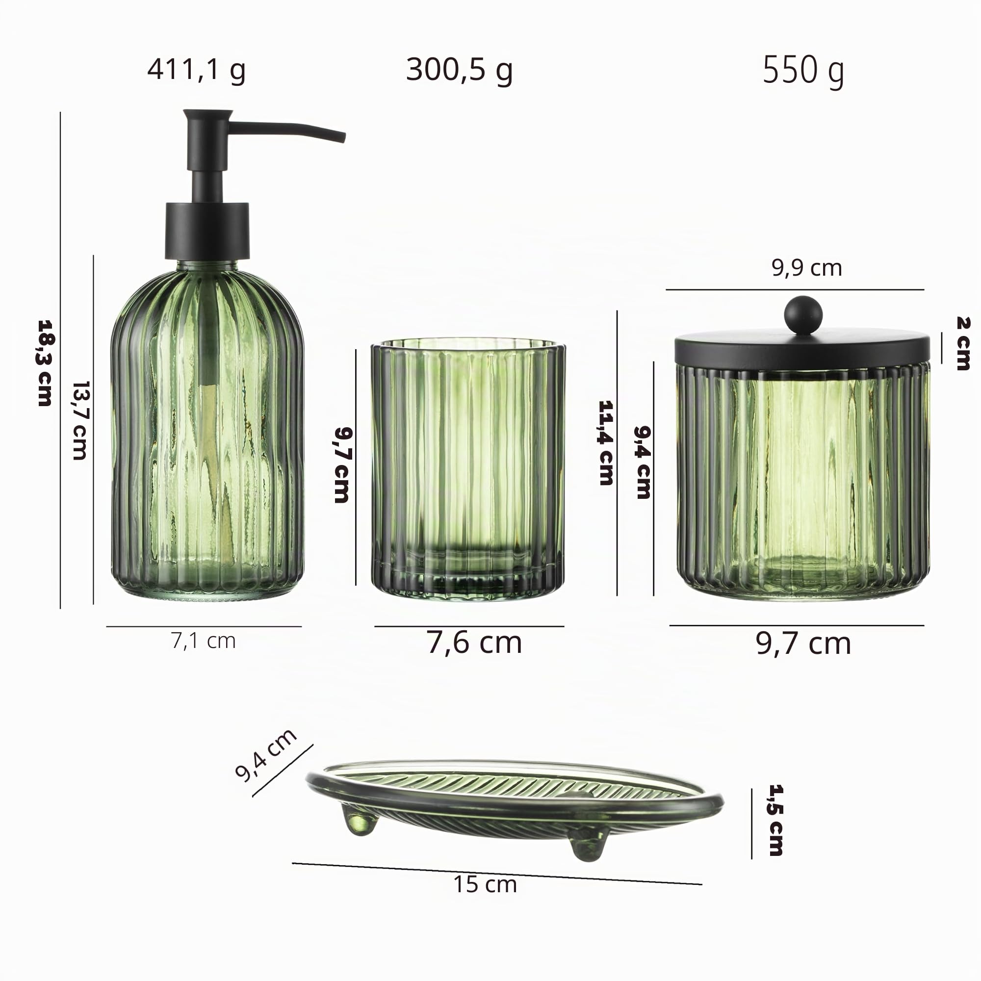 KMwares 4-teiliges schweres Badezimmer-Zubehör-Set aus Glas mit dekorativem gepresstem Muster inklusive Handseifenspender & Becher & Seifenschale & Zahnbürstenhalter (Olivgrün)