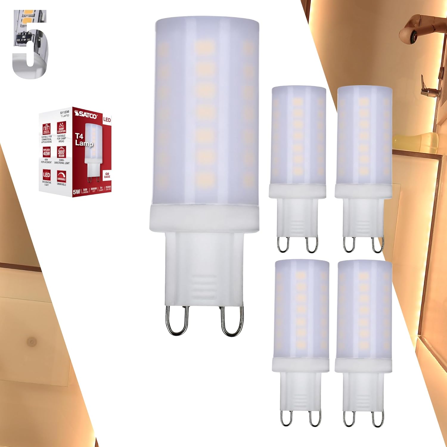 Satco S11236 5W/LED/G9/830/FR/120V/DIM – 5 Watt JCD LED; Frosted Finish; 3000K Soft White; G9 Base; 120 Volt; T4 Shape; 40W HID Equivalent; 2.13" MOL; Dimmable;for Accent Lighting (5 Pack)