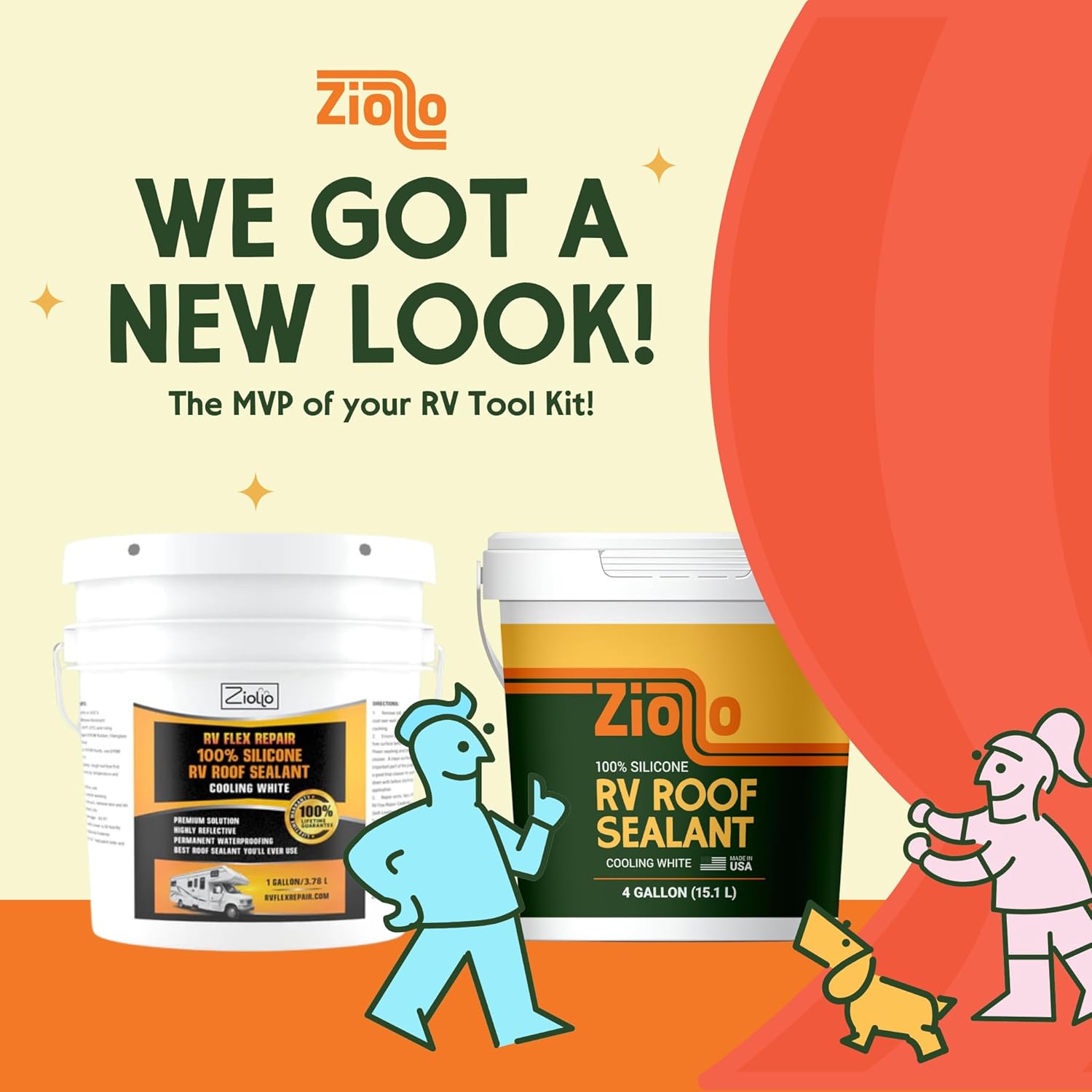 Ziollo RV Roof Sealant - Leak Repair 100% Silicone Liquid Rubber - Premium Waterproof Coating for Campers, Pop Up, Motorhomes, and Travel Trailers - Easy DIY Application - White 1 Gallon