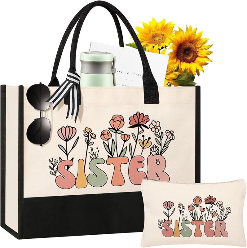 Itotegifts Bolsa tote e necessaire de maquiagem em lona, estampa Sister Bags, fechamento com zíper