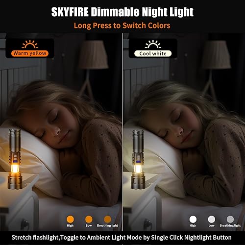 Miniatura 6 de SKYFIRE Linternas LED recargables de alto lúmenes con lámpara ambiental, 8000 linternas tácticas superbrillantes con 2 colores, focalizable, luz de