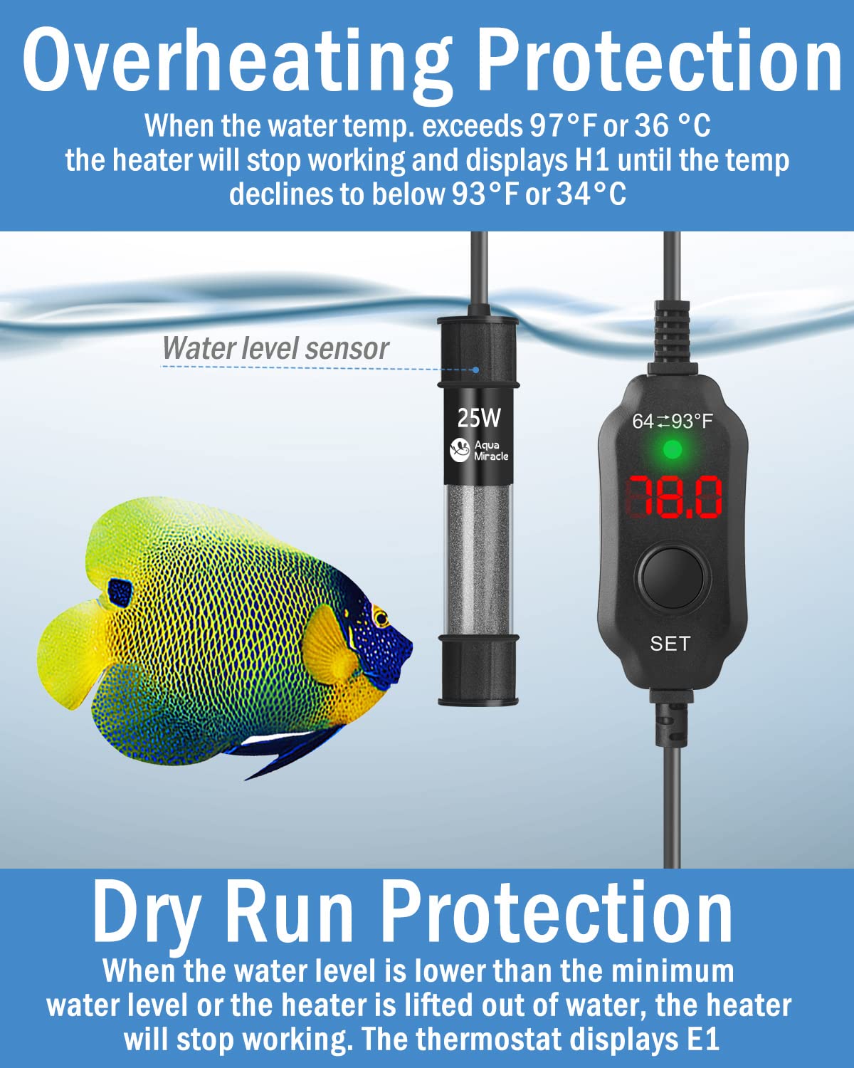 AquaMiracle Calentador de acuario ajustable de 25 W, sumergible, calentador de acuario súper corto con termostato de pantalla digital LED, para tanques de 3 a 5 galones