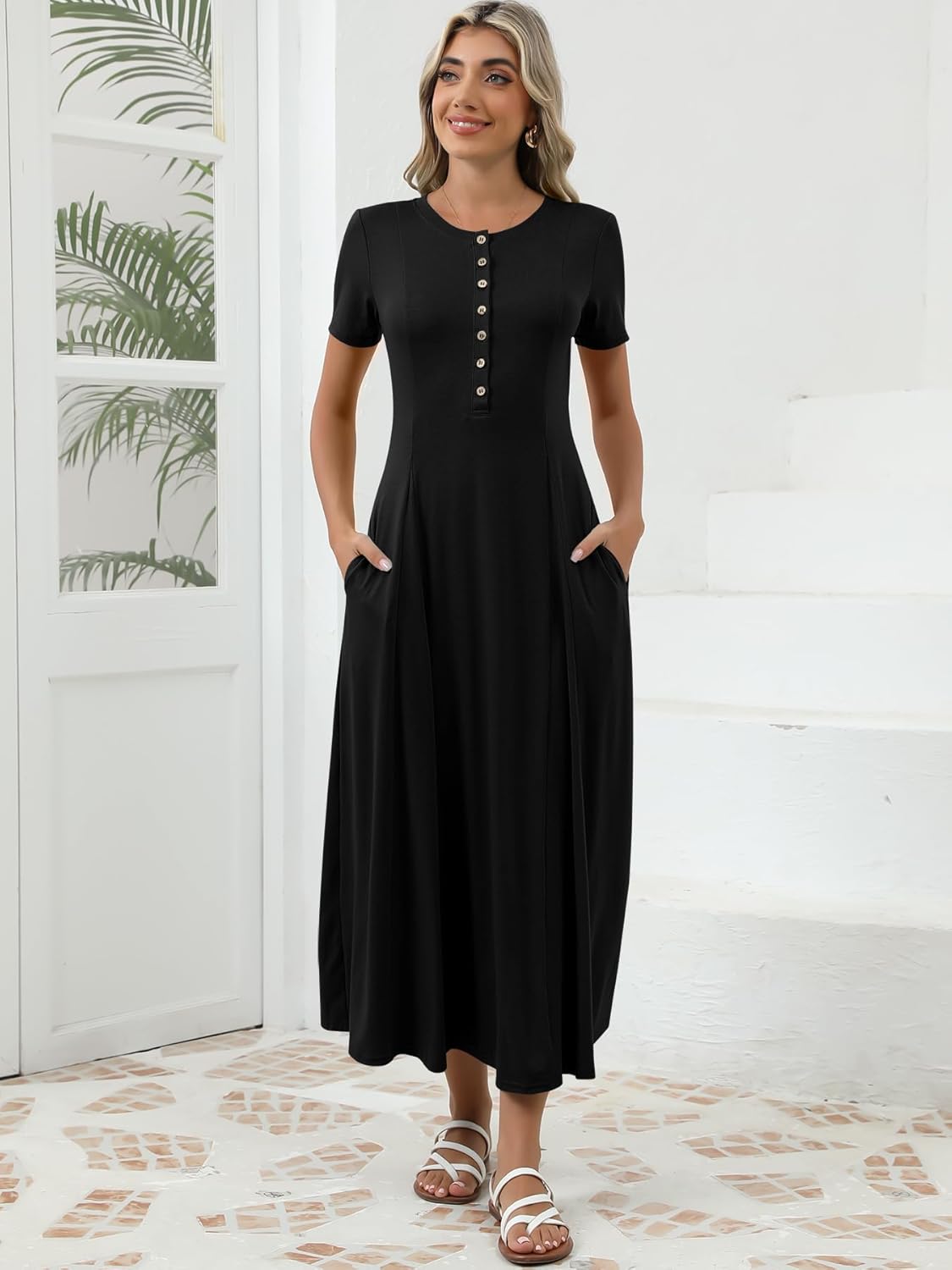 Women's Spring Casual Maxi Dress Short Sleeve Fit and Flare A Line Flowy T Shirt Long Vacation Dresses with Pockets - Image 4