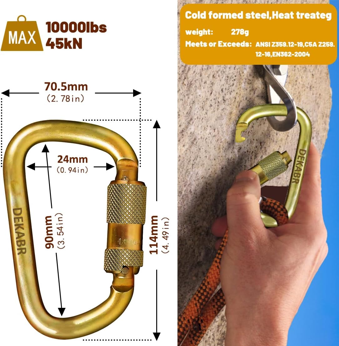DEKABR Heavy Duty Alloy Steel Auto-Locking Climbing Carabiner - 45KN Twist Lock Carabiner for Rock and Tree Climbing, Quick Release, Rescue, and Mountaineering. ANAB Certified, 4.21-inch, Large, Gold