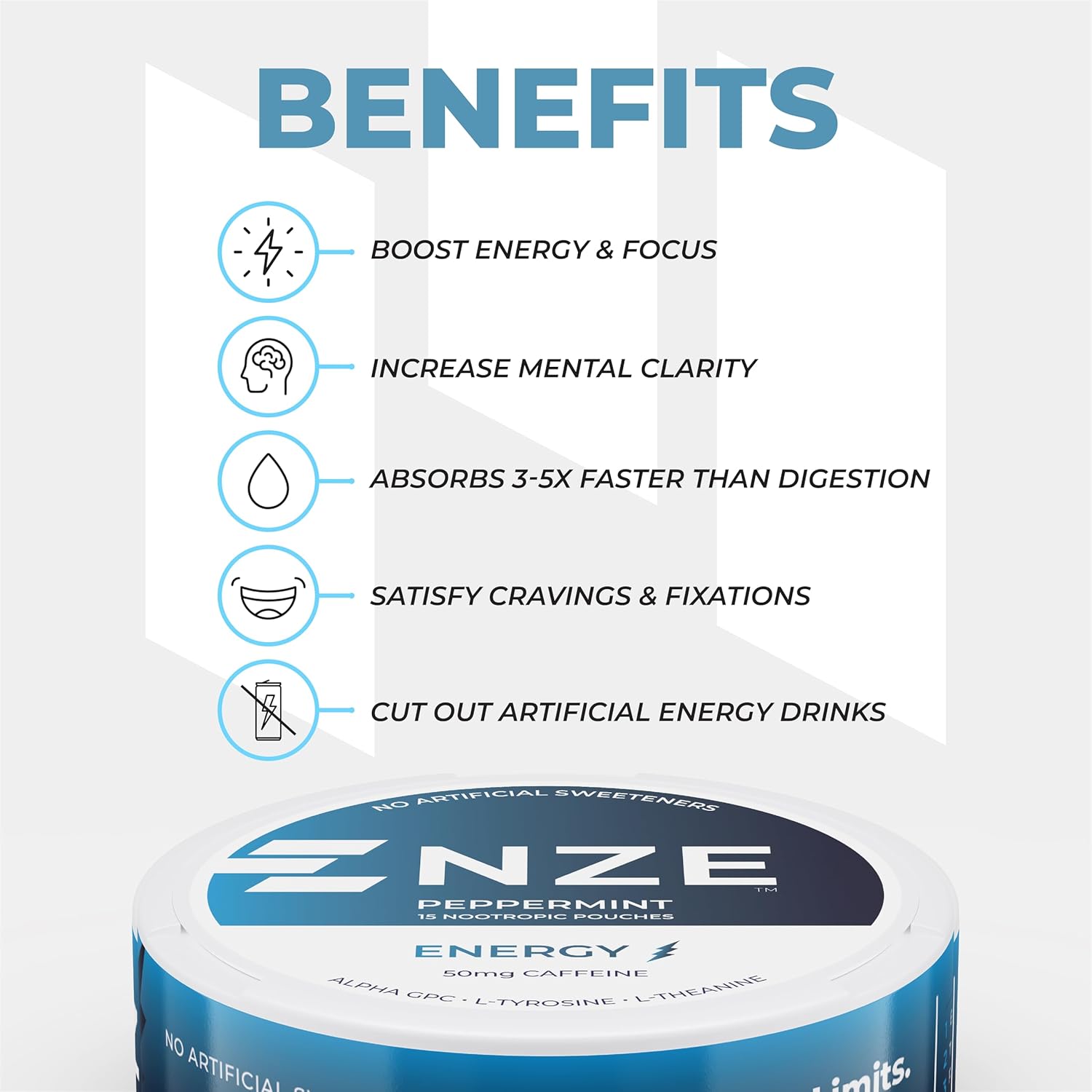 NZE Caffeine Nootropic Pouches (Peppermint) - Energy Pouches with 50mg Caffeine, Alpha GPC, L-Tyrosine & L-Theanine with No Sugar or Artificial Sweeteners - 15 Nicotine Free Pouches Per Can - 5 Pack - Image 5