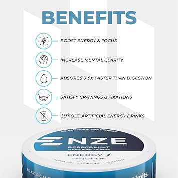 NZE Caffeine Nootropic Pouches (Peppermint) - Energy Pouches with 50mg Caffeine, Alpha GPC, L-Tyrosine & L-Theanine with No Sugar or Artificial Sweeteners - 15 Nicotine Free Pouches Per Can - 5 Pack
