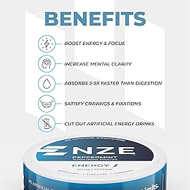 NZE Caffeine Nootropic Pouches (Peppermint) - Energy Pouches with 50mg Caffeine, Alpha GPC, L-Tyrosine & L-Theanine with No Sugar or Artificial Sweeteners - 15 Nicotine Free Pouches Per Can - 5 Pack