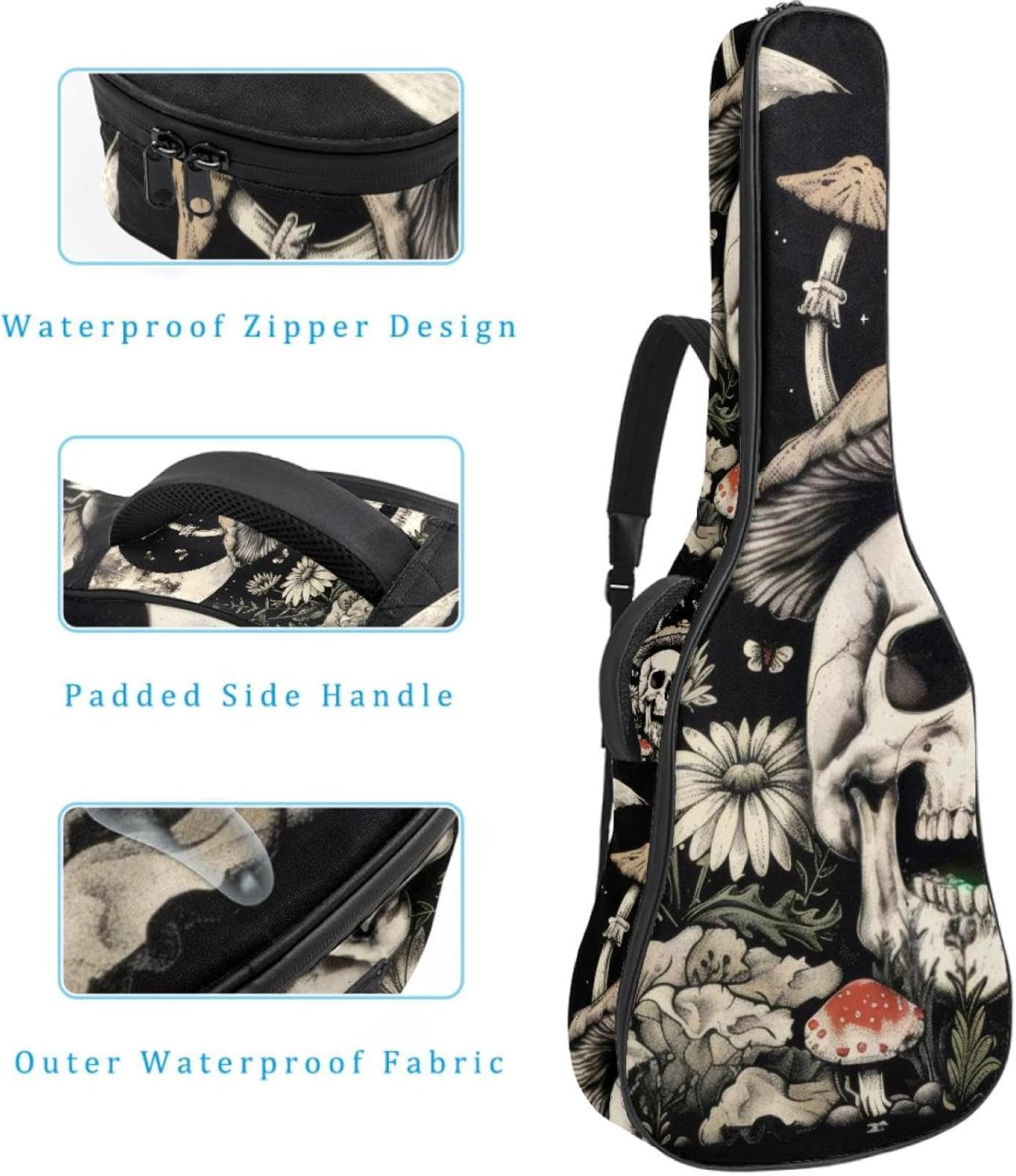 40 41 42 Inch Guitar Bags, Waterproof Padded Acoustic Guitar Case Backpack with Adjustable Shoulder Strap & Pockets, Skull with Witchy Mushroom Butterfly Night Plant