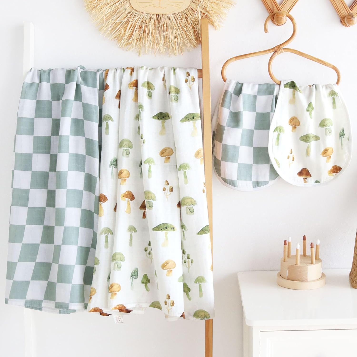 LifeTree Baby Swaddle Blankets and Burp Cloths 2 Pack, Muslin Swaddling Wrap Receiving Blanket for Newborn, 70% Viscose from Bamboo and 30% Cotton, Large 47" x 47", Mushroom & Green Checkered