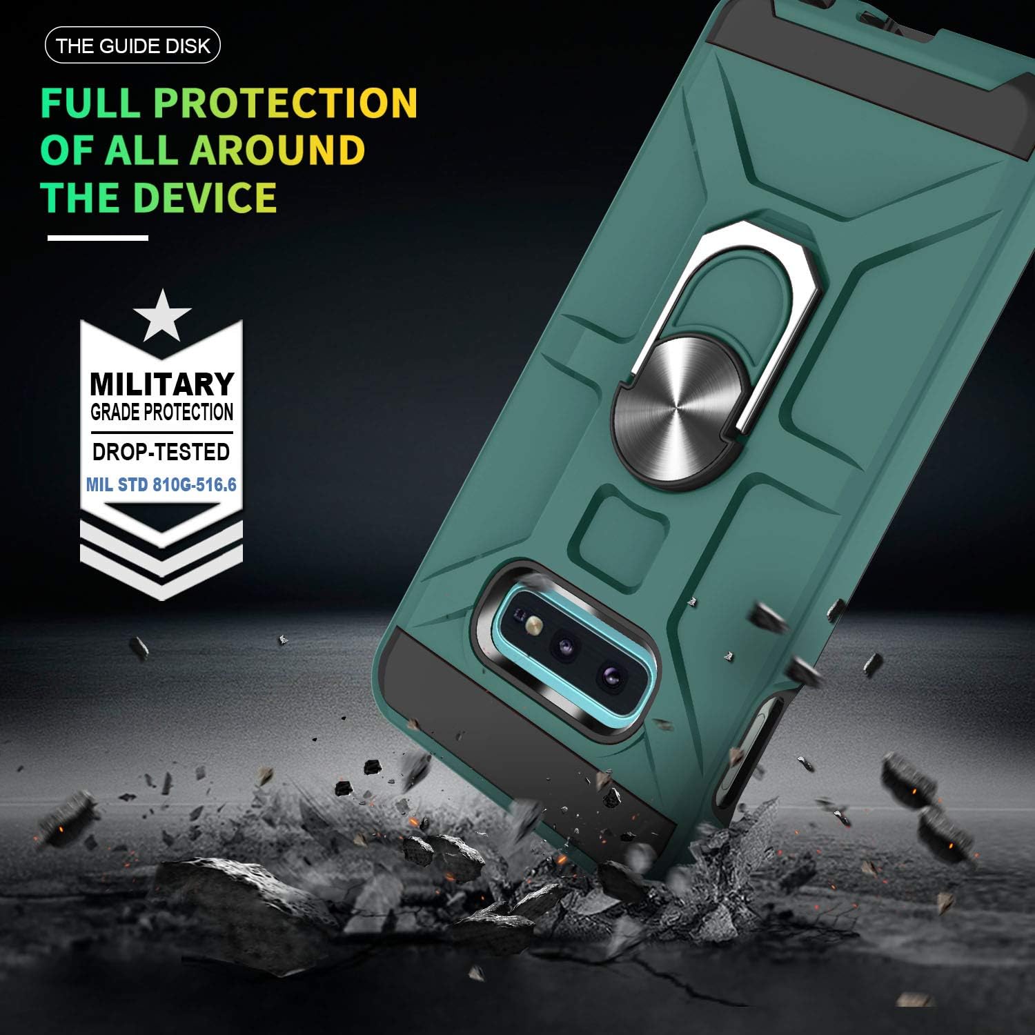 ATUMP Galaxy S10E Case, Samsung S10E Case with HD Screen Protector, 360° Rotation Ring Magnetic Kickstand PC + TPU Dual Layer Shock Absorption Protective Case for Samsung Galaxy S10E, Midnight Green