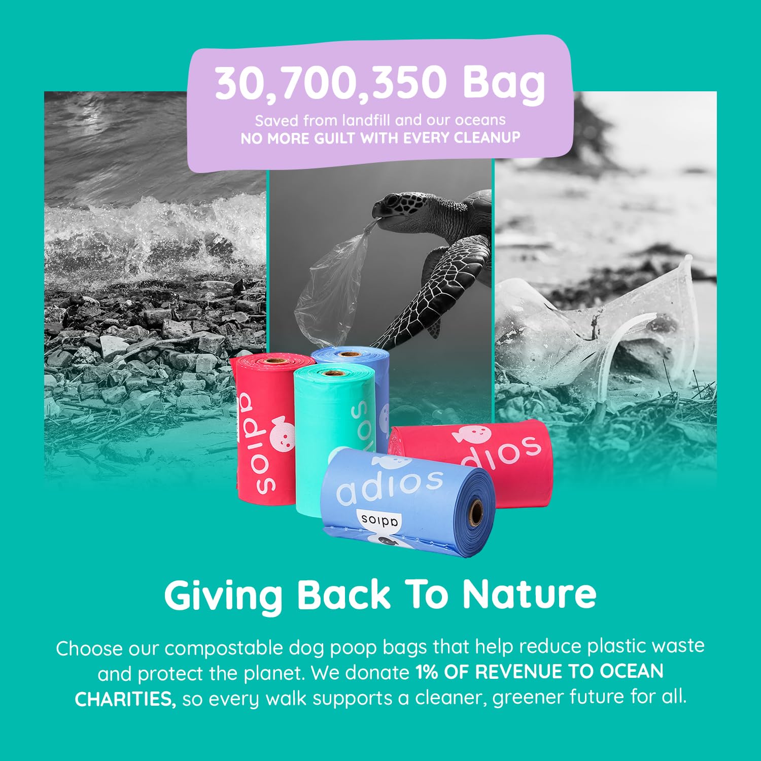Adios - Bolsas compostables para excrementos de perro, 360 unidades (24 rollos), colores arcoíris, extra gruesas, a prueba de fugas, a prueba de olores, hechas de almidón de maíz compostable, rollos