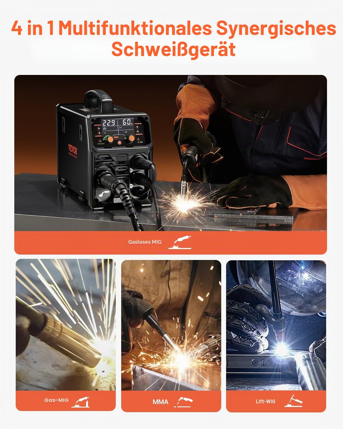 VEVOR MIG-Schweißgerät, 200 A synergetische MIG-Schweißmaschine, 4-in-1-Gas-MIG/Flux Core-MIG/Stick/Lift-TIG-Mehrprozess-Welder mit IGBT-Wechselrichtertechnologie und LCD-Bildschirmanzeige