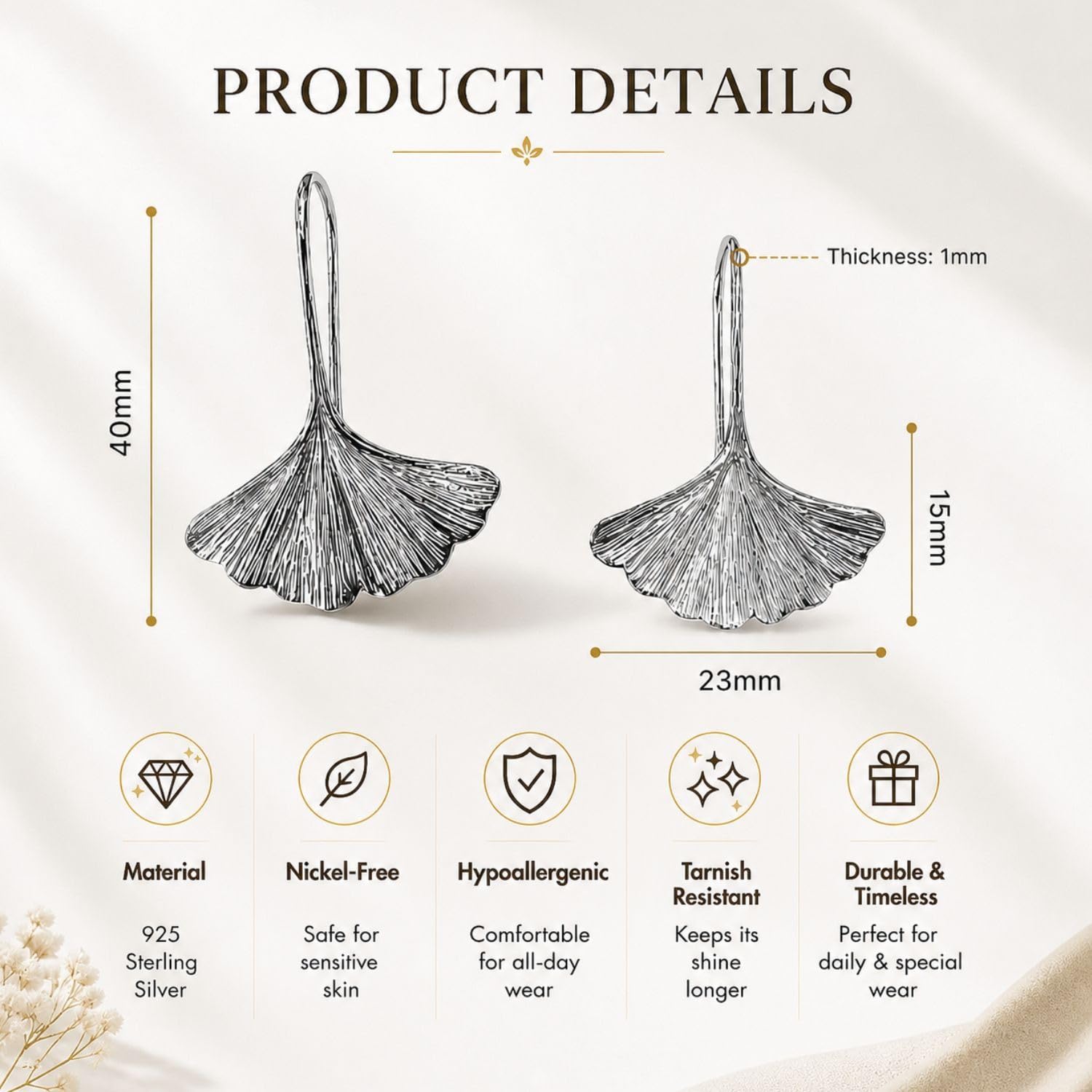 SOVATS Orecchini pendenti Ginkgo in Argento Sterling 925, Placcati in Rodio, Design minimalista, Senza nichel, Ipoallergenici, Elegante gioiello per donna