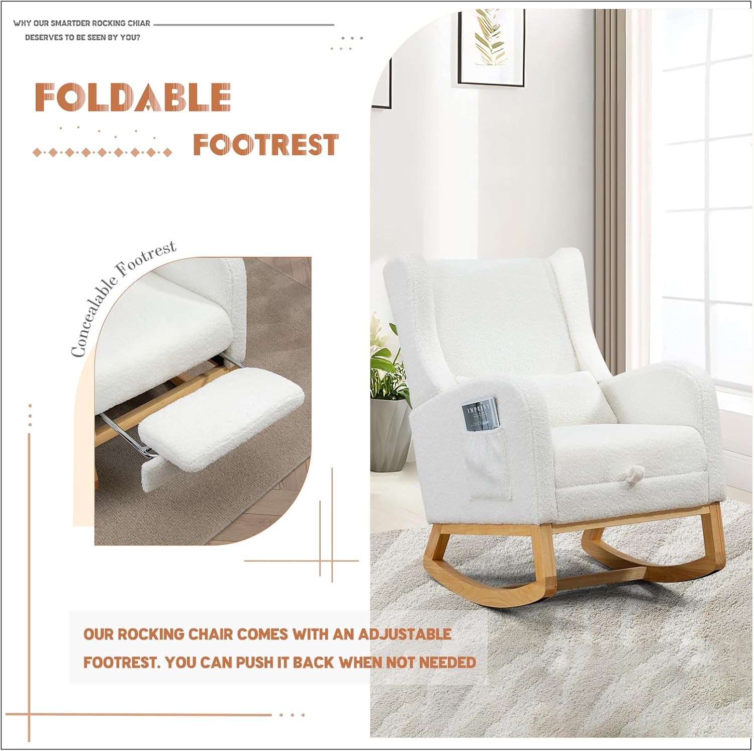 Rocking Chair Nursery with Foot Rest, Comfy Nursery Chair Glider Rocker with Pillow and Pocket, Modern Wingback Accent Armchair with for Living Room, Bedroom, Lounge, Home Office, Ivory Ivory Teddy image 4 of 7 B0CTQM9MKR