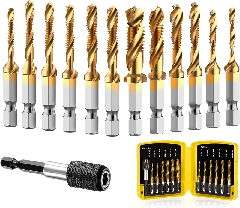 THINKWORK 3-in-1 Combination Drill Tap & Tap Bit Set | Titanium Coated Screw Tapping Bit Tool for Drilling, Tapping, Countersinking, with Quick-Change Adapter, 13 PCS SAE/Metric