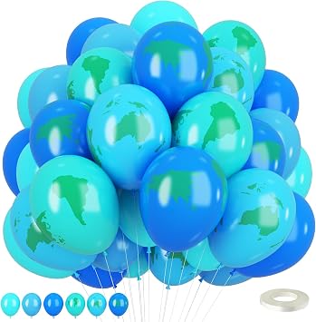 Earth Balloons, 12 Inch Blue and Green World Map Printed Latex Balloons
