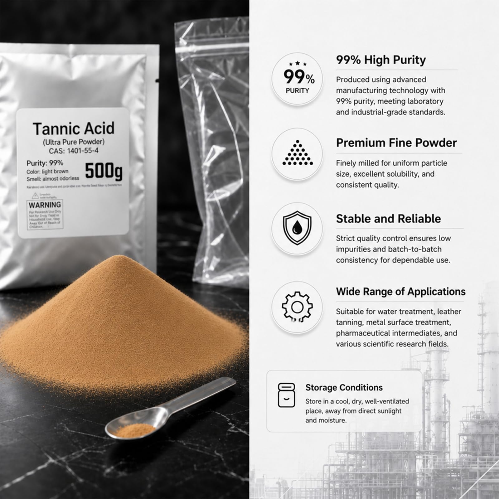 Poudre d'acide tannique pur à 99% contre la rouille, 100 g-500g