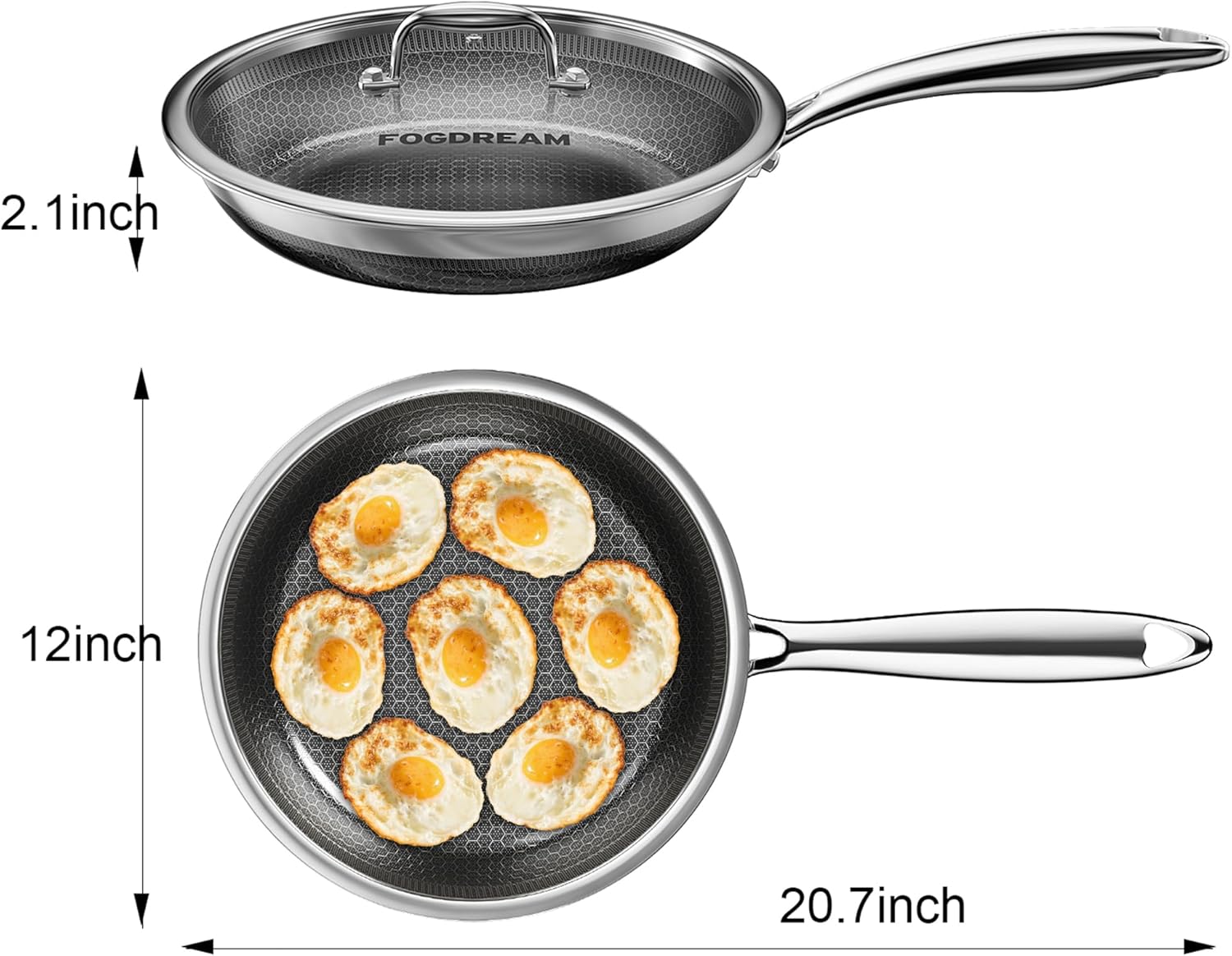 FogDream Non Stick Frying Pans,10in & 12 Inch Stainless Steel Skillet with Tempered Glass Lid Tri-Ply Stainless Steel for All Cooktops