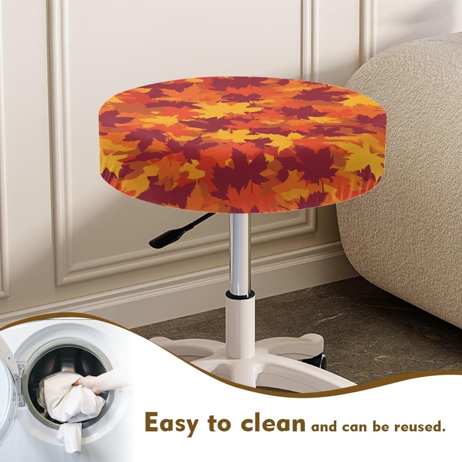 Thanksgiving Maple Leaf Stool Covers Round with Elastic Band 2-Pack Soft Fabric Wrinkle-Resistant Circle Chair Covers Non-Slip Slipcovers Fit Stool of Dia 13-15 Inch