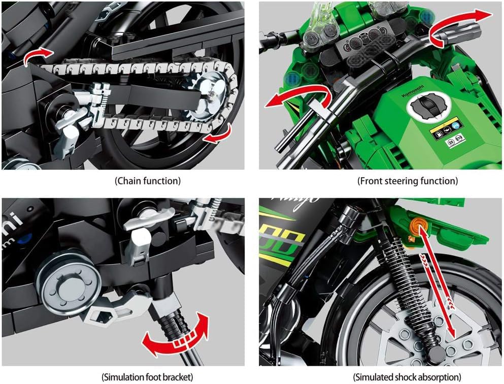 Four panels showing chain function, front steering, foot bracket, and shock absorption