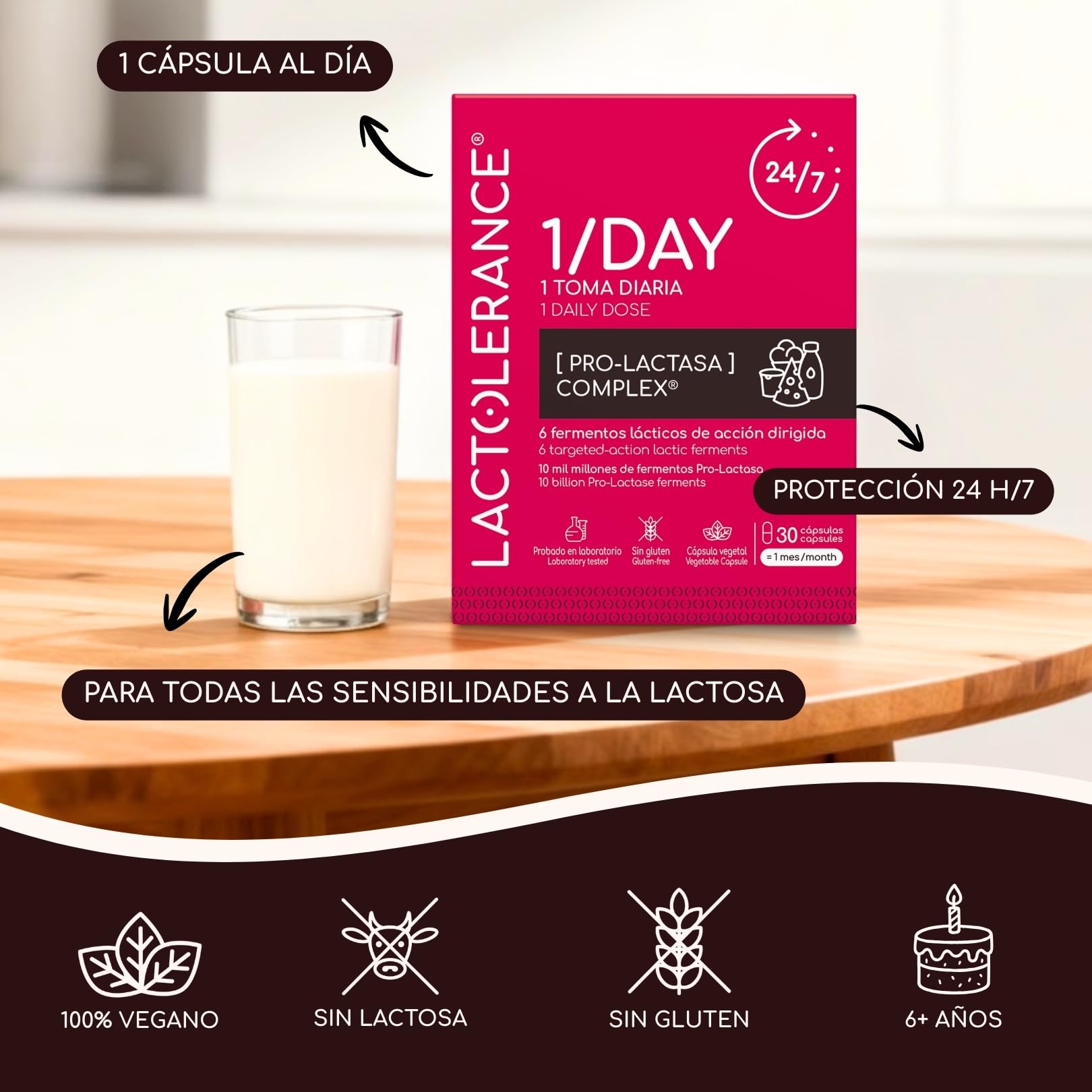 LACTOLERANCE 1/DAY Probióticos Precursores de Lactasa, 24h, 360 Cápsulas