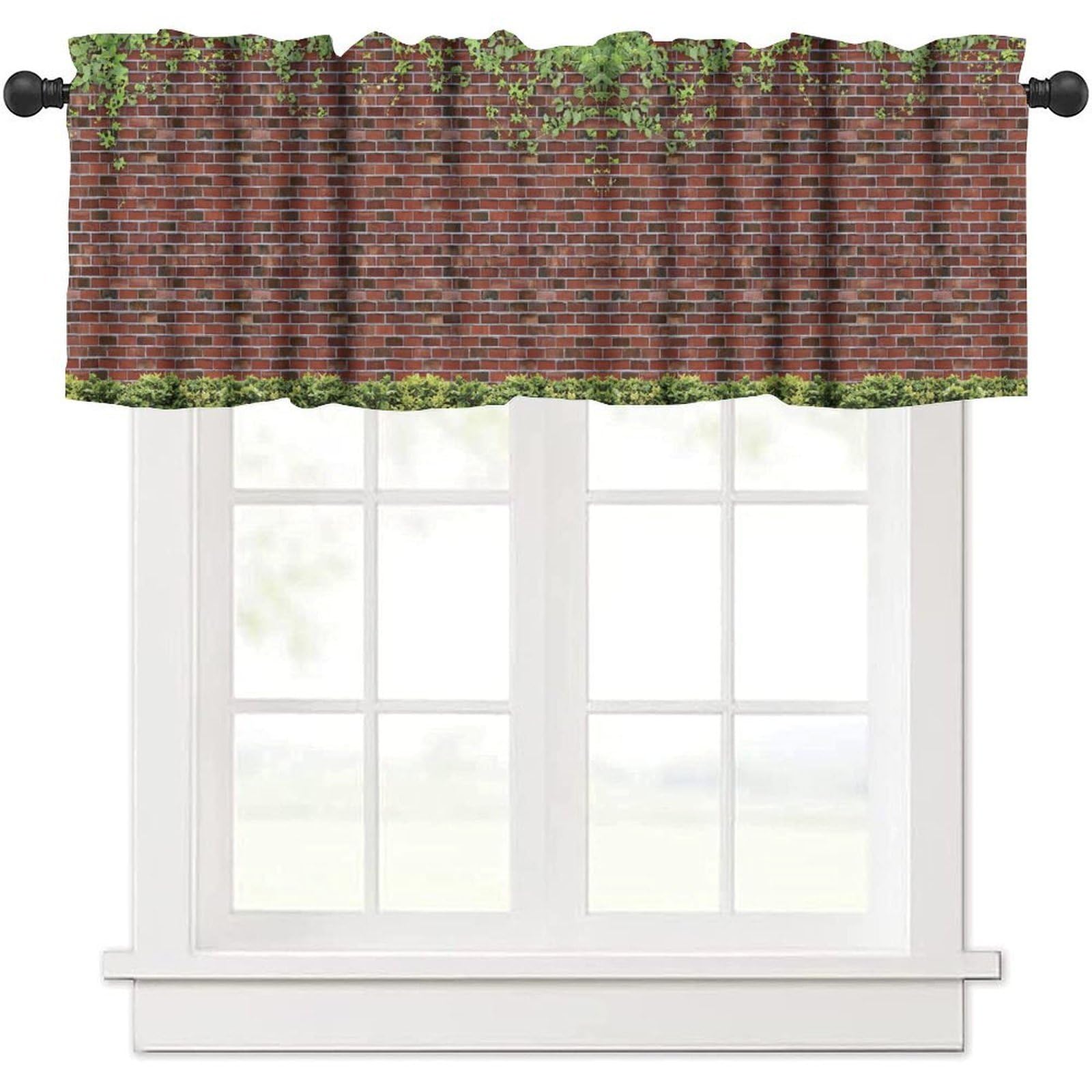moderw Rustic Brick Wall Valance Curtains Vintage Bricks Creeper Plants Leafs Window Treatment Valance for Country Farmhouse Cabin Dining Living Room Kitchen Canteens Café Décor 54x18inch