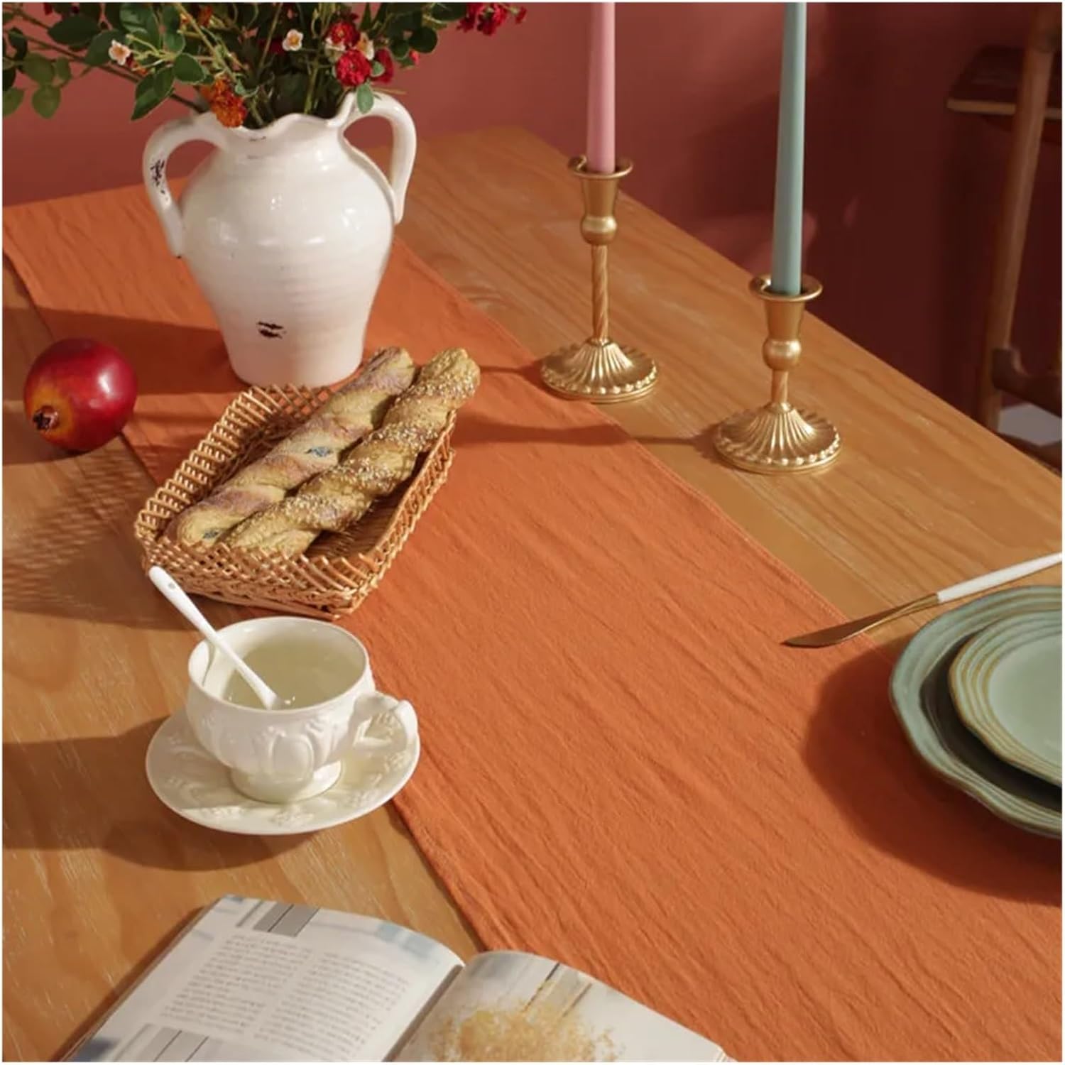 Table Runner Cotton Solid Color Table Runner Ruffled Folds Farmhouse Kitchen Party Wedding Coffee Dining Table Decoration Accessories(Orange,30x180cm)