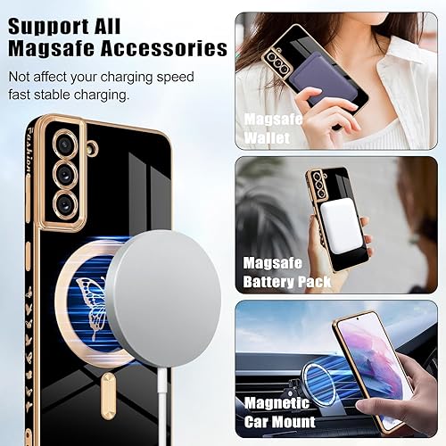 Miniatura 6 de Funda magnética para Samsung Galaxy S21 Plus 5G, bonita funda con borde chapado en mariposa con MagSafe para mujeres, niñas y hombres, TPU suave, a