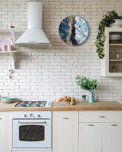 Miniatura 6 de Reloj de pared silencioso de PVC de 14 pulgadas, reloj de pared redondo de oro azul, arte abstracto, textura de mármol, reloj colgante para cocina,